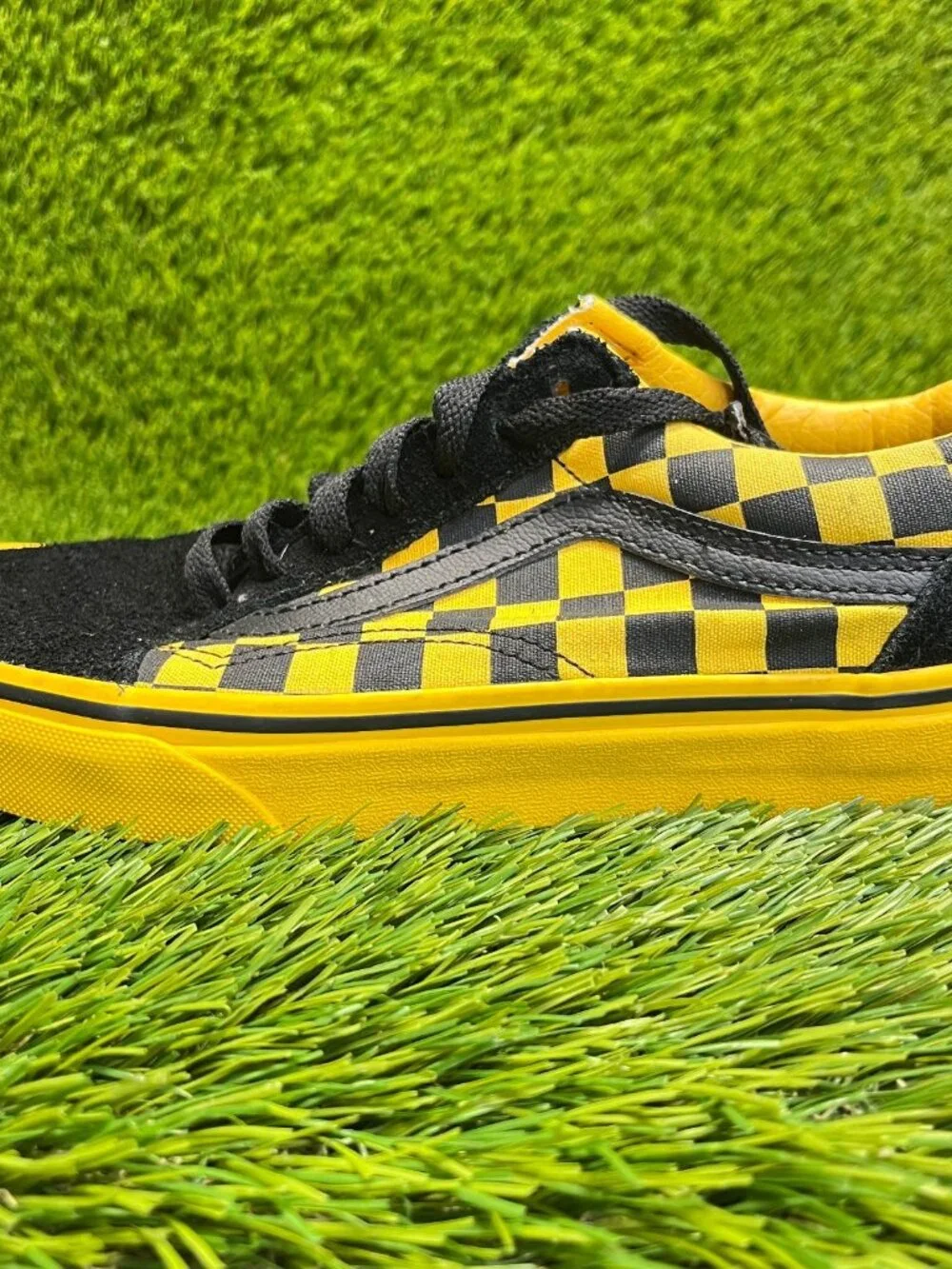 Vans Old Skool Chex Womens Size 6.5 Black Yellow Athletic Skate Shoes Sneakers